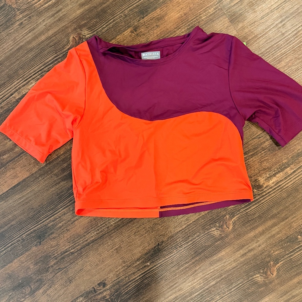 Athleta Colorblock Athletic Tee | Plum & Orange | Short Sleeve | Women’s Large